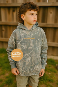 Load image into Gallery viewer, Youth Camo Hoodie Christian Kids Apparel Customizable Design Embroidered Text Orange Lettering Kangaroo Pocket Pullover Style Quality Material Comfortable Wear Durable Construction Faith Based Religious Clothing Spiritual Message