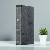 Load image into Gallery viewer, Reference Bible Study Edition Large Print Format Personal Size Design Premium Quality Construction LeatherTouch Cover Material Charcoal Color Scheme Crown Thorns Pattern Gilded Edge Detail Layflat Binding Feature Ribbon Marker Included