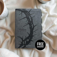 Load image into Gallery viewer, Large Print Bible Personal Size Reference Edition Easy Reading Text Premium Quality Christian Gift Layflat Binding Comfort Design Charcoal LeatherTouch Cover Crown Thorns Pattern Gilded Edge Detail Words Christ Red Ribbon Marker Scripture